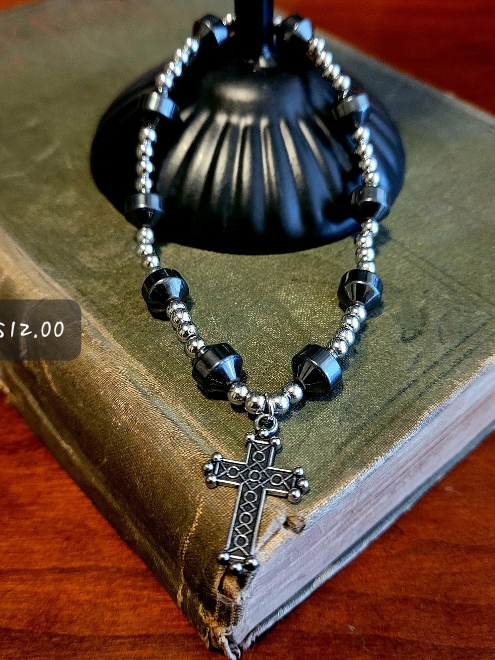 Hand Crafted Silver and Black Beaded Cross Charm Bracelet